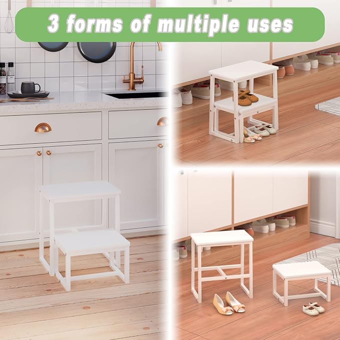 Step Stool for Adults, Holds up to 500Lb,3 in1 Heavy Duty Sturdy 2 tair Wooden StepStool for Kichen/Bathroom/High beds, Metal Frame, Non-Slip Pads