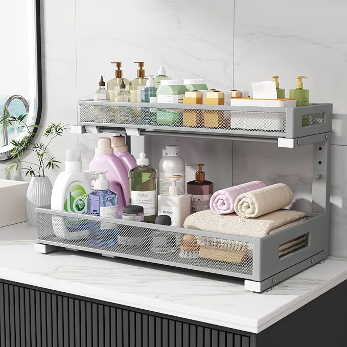2 Pack 19IN Depth Under Sink Storage Organizer, Large 2-Tier Elegant Mesh Pull Out Shelf for Kitchen and Bathroom Cabinet Organization, L-Shaped and Adjustable Height Design-Gun Gray