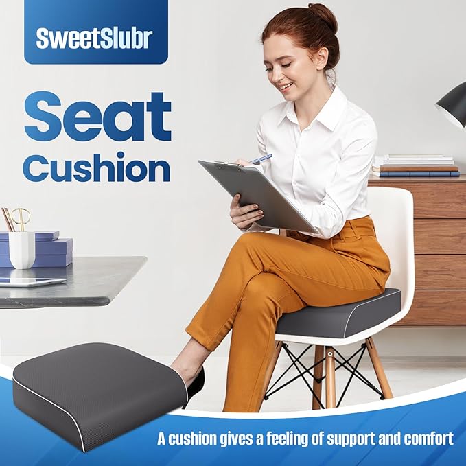 SweetSlubr Seat Cushion for Tailbone Pain Relief, Office Chair Cushion, Memory Foam Large Chair Cushion with Non-Slip Cover for Soft Support at Office Chair, Car Seat, Airplane Grey/XLarge
