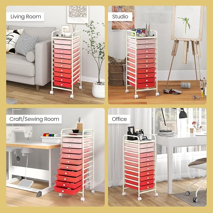 10-Drawer Rolling Storage Cart, Trolley w/Lockable 360° Wheels, 10 Removable PP Drawers, Sturdy Metal Frame, Rolling Utility Cart Perfect for Home, Office, Classroom (Mixed Pink)