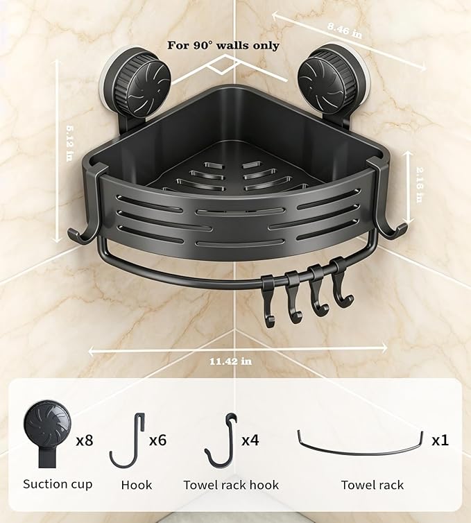 LOOCH 3 Pack Plastic Corner Shower Caddy with Twist-Lock Suction Cups & a Pre-Applied Adhesive Layer, The No-Drill Shower Organizer with Towel Bar & Drain Holes for Bathroom Storage & Decor（Grey）