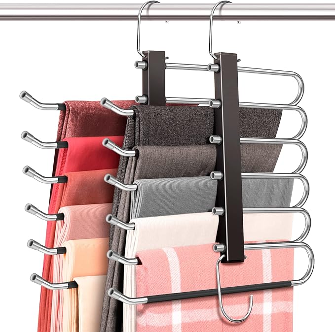 HUITEM 4 Pack 6-Tier Space Saving Pant Hangers, Anti-Slip, Lightweight, Stainless Steel, Black, 6 Pairs Jeans Hangers