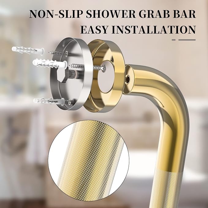 Gold Shower Grab Bar w/Anti-Slip Knurled Grip 36 Inch, Zepolu Wall Mounted Stainless Steel Bath Grab Bar,Safety Balanced Handrail, Handicap Injury Elderly Senior Assist Support Textured Handle