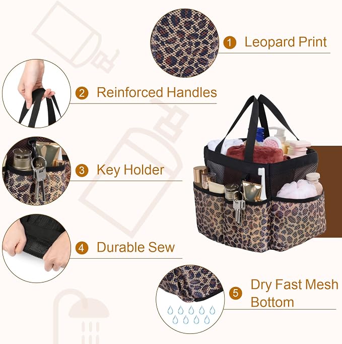 F-color Mesh Shower Caddy Portable - Shower Bag for College Dorm, Leopard | Quick Dry, with S Hook, College Dorm Room Essentials for Camp, Gym, Travel, Freshmen, Camping, Bathroom, Shower Tote