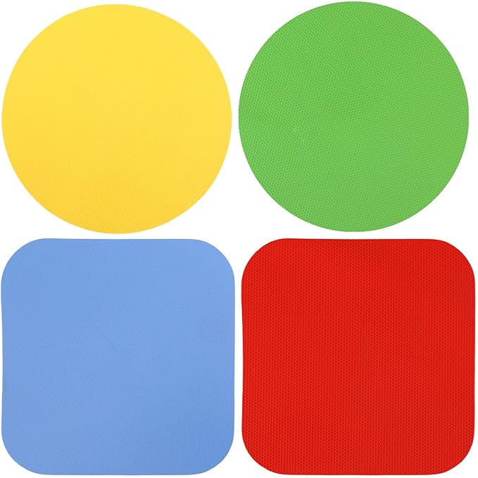 4pcs Rubber Jar Opener, Rubber Bottle Opener Pads Non-Slip Texture Jar Lid Remover for the Elderly or Users with Weak Hands (Red & Blue Square and Yellow & Green Circle)