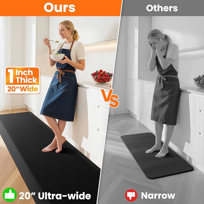 Kitchen Mats for Floor, 1 Inch Extra-Thick Kitchen Rugs, Non-Slip & Waterproof Standing Desk Mat, Comfort Anti Fatigue Mats for Kitchen Floor, Home, Sink, Office (20" X 72", Black)