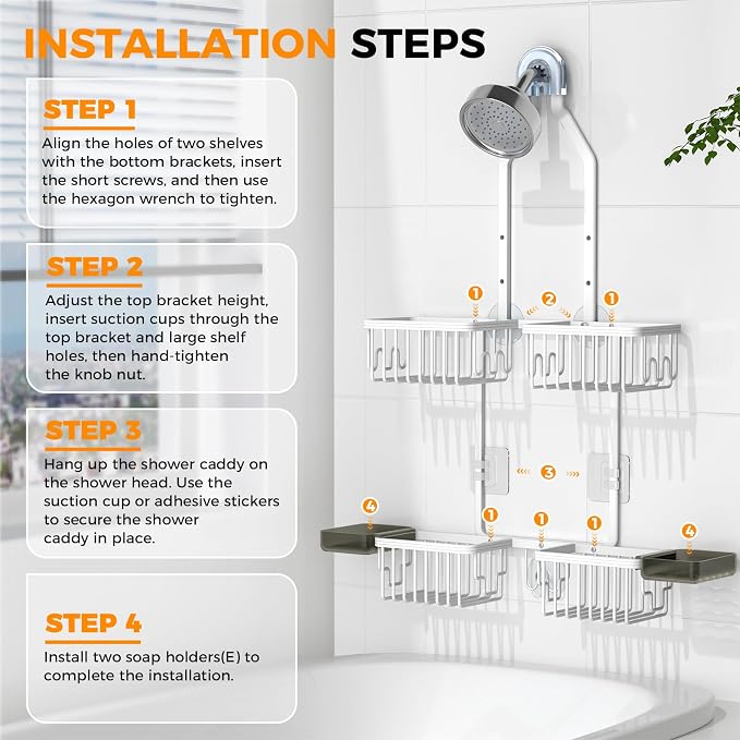REINHARDT Aluminum Shower Caddy Hanging Adjustable Shower Caddy, Rustproof Hanging Shower Organizer with Hooks Soap Holders, Over Shower Head Caddy for Handheld Showerhead, White