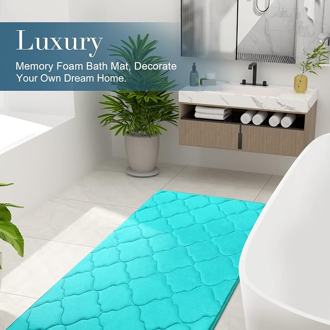 OLANLY Memory Foam Bath Mat Rug 47x17, Ultra Soft and Absorbent Bathroom Rugs, Non-Slip, Comfortable, Machine Washable Bath Carpet for Bathroom Floor, Tub, Shower and Home Decor Accessories, Teal