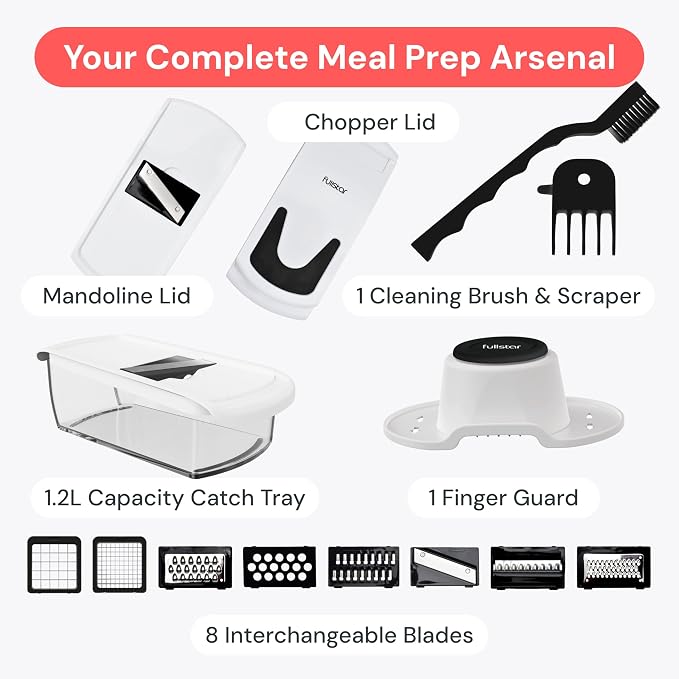 Fullstar All in One Vegetable Chopper and Mandoline Slicer - Food Chopper with Container and Julienne Slicer, Fruit Slicer, Veggie Cutter, Kitchen Gadgets & Gift for Mom (8 in 1, White)