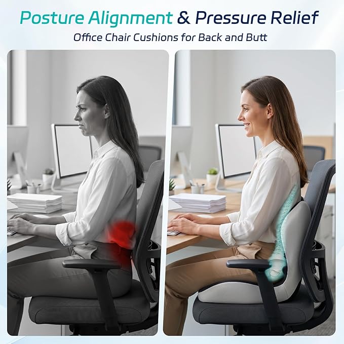 Back and Seat Cushion for Office, Back & Tailbone Pain Relief, Raised Cushion for Lumbar and Butt, Double-Sided Anti-Slip, Improves Sitting Posture, Ergonomic Memory Foam Lumbar Cushion