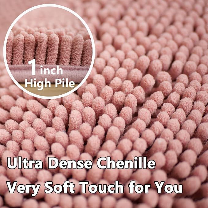 Bathroom Rugs Chenille 3-Piece Extra Soft and Absorbent Shag Bathroom Rugs, Machine Wash Mat, Strong PVC Non-Slip Underside, Plush Carpet Mats (Deep Pink)