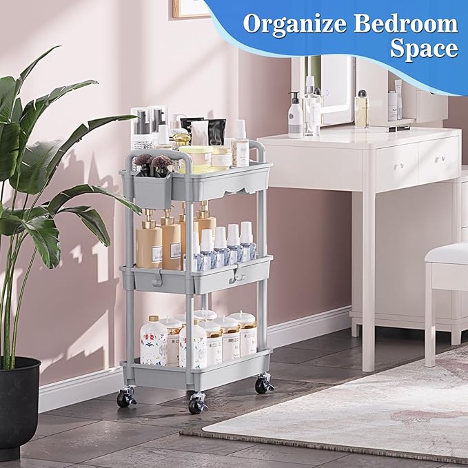SUNALLY 3 Tier Rolling Cart with Drawer, Bathroom Storage Organizer with 2 Lockable Wheels, Multifunctional Rolling Storage Cart for Bathroom, Kitchen, Office, Craft, Makeup, Baby Essentials, Gray