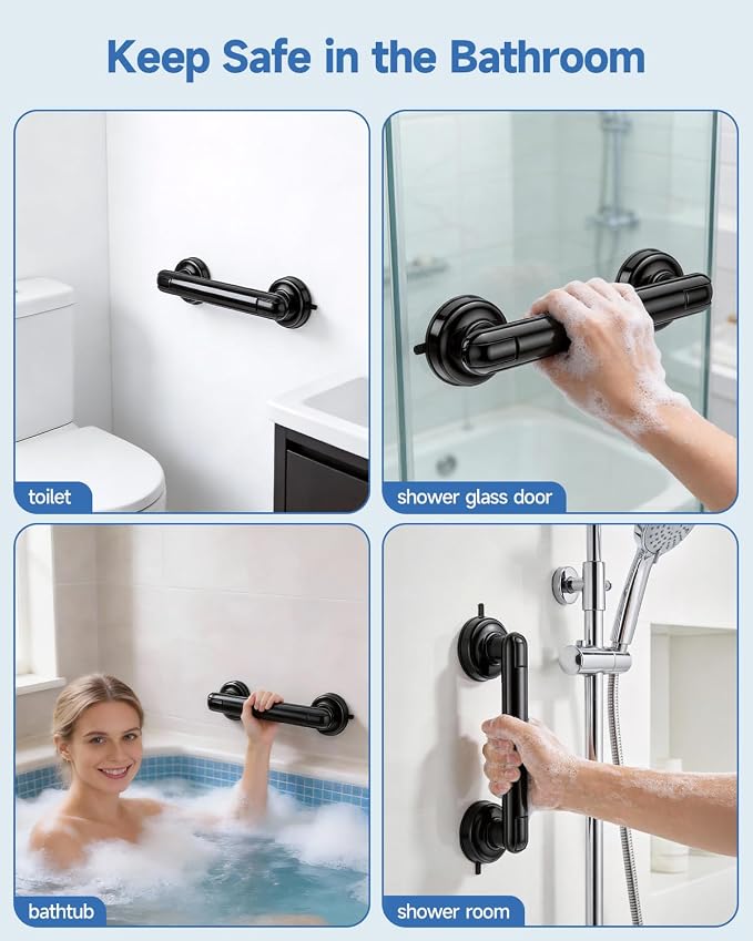 2 Pack Suction Cup Grab Bars for Bathtubs and Showers, 11 Inch Bathroom Safety Grip No Drilling & Waterproof, 230lbs Shower Handle Removable Bath Handrails for Seniors and Elderly, Black