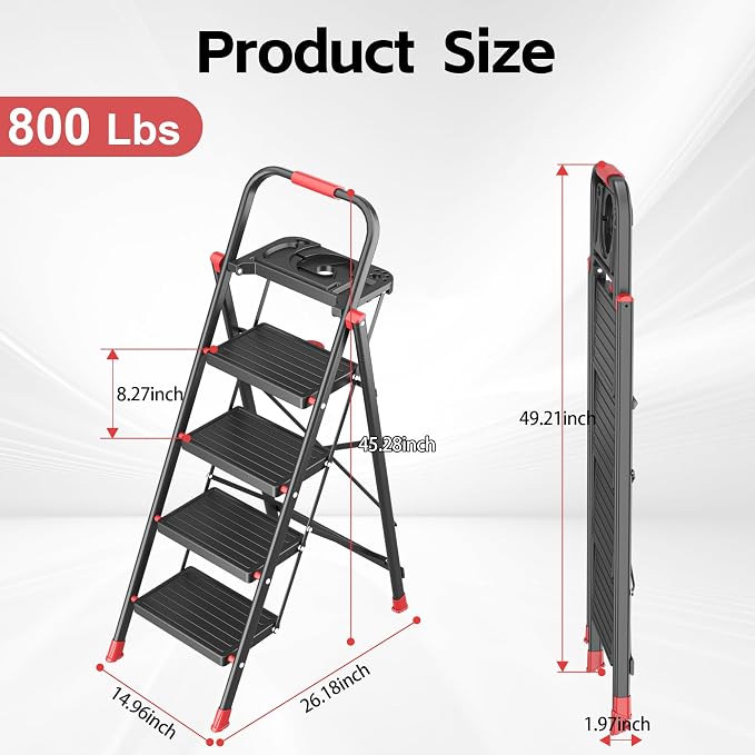4 Step Foldable Step Ladder with Mutifunctional Tool Tray, Platform Ladders Stepstools, Step Stool 4 Step Folding with Non-Slip Pedals, 800lbs Bearing Capacity for Adults, Home, Kitchen, Black Red