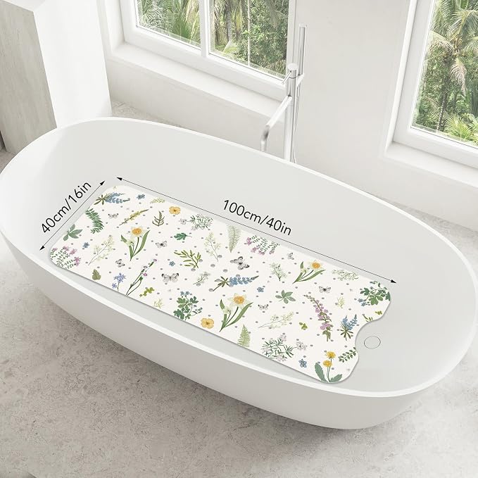 SHUCHING Flower and Leaf Bath Mat for Tub Non Slip-40 X 16Inch, Bathtub Mat Anti Slip for Women, Long Shower Mat for Bathroom Mold Free, Machine Washable
