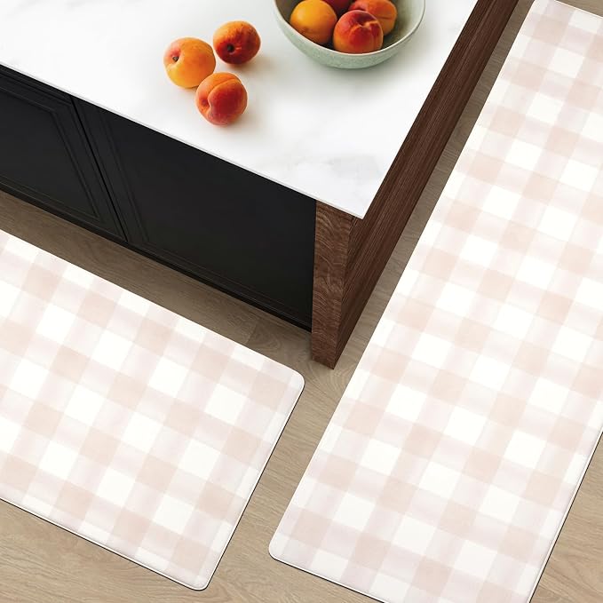 FRESHMINT Modern Farmhouse Plaid 2 Piece Set Kitchen Mats for Floor Anti Fatigue Waterproof & Non-Skid Kitchen Rugs Cushioned Kitchen Mat for Standing Washable Comfort Desk Kitchen Runners