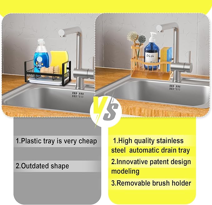 Fssvcd Maifan Sink Caddy Sponge Holder for Kitchen with Brush Holder and Stainless Steel Self Drain Tray, Rustproof Kitchen Sink Organizer for Sponge, Soap Dispenser Storage Accessories