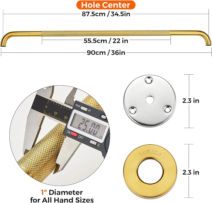Grab Bars for Shower, 2 Pack 36-Inch Anti Slip Shower Handles for Elderly, Safety Shower Grab Bar, Stainless Steel Handicap Grab Bars for Bathroom,Toilet (Gold, 1" Diameter)