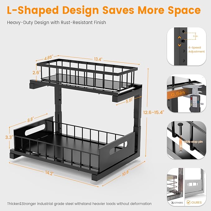 Under Sink Organizer, Heavy Duty Metal Pull Out Cabinet Organizer Slide Out Sink Shelf Organizer Height Adjustable, Multi-Purpose Storage Shelf for Kitchen Bathroom(Black,2Pack)