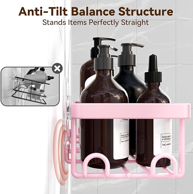 YASONIC Shower Caddy Adhesive, 100% Rustproof Shower Organizer with Soap and Toothbrush Holder, Large Capacity Shower Shelves for Inside Shower, No Drill Shower Storage for Home (5 Pack Pink)