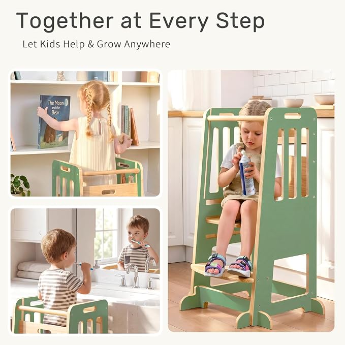 WINGYZ Toddler Tower - Anti-Tip Natural Wood Learning Stool Helper for Kids 18M-6Y, 150lb Capacity Kitchen Stool with 3-Height Adjustable Platform and Sliding Door Access, 20lb Portable Design, Green