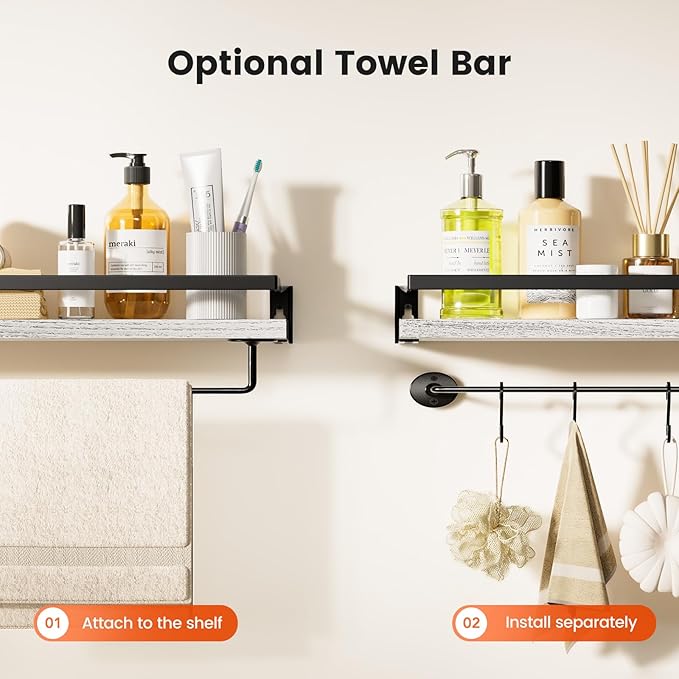 AMADA HOMEFURNISHING Bathroom Shelves with Towel Bar, Floating Shelves, Wall Shelves for Bathroom/Living Room/Kitchen/Bedroom, White, Set of 2 - AMFS01W