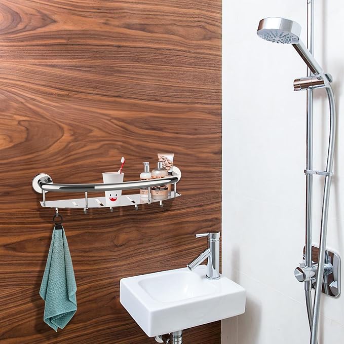 Polished Chrome Safety Grab Bar 18-inch with Storage Shelf for Bathtub or Shower, Drainage Holes, Stainless Steel, Wall Mounted Grab Bars for Elderly Injured Balance Support