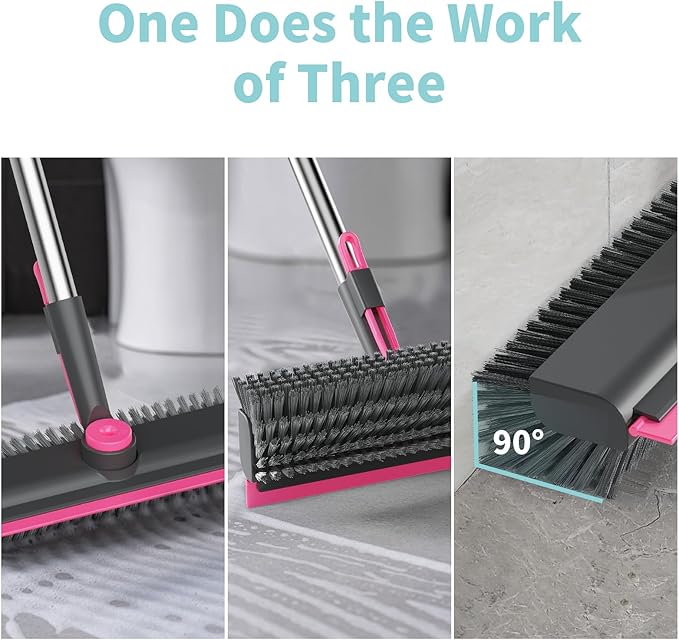AIR U+ Floor Scrub Brush with Long Handle, 3 in 1 Scrape and Heavy-Duty Stiff Bristle Scrubber Brush for Cleaning Shower Bathroom, Patio, Pool, Garage, Kitchen, Wall and Deck, Gray and Pink