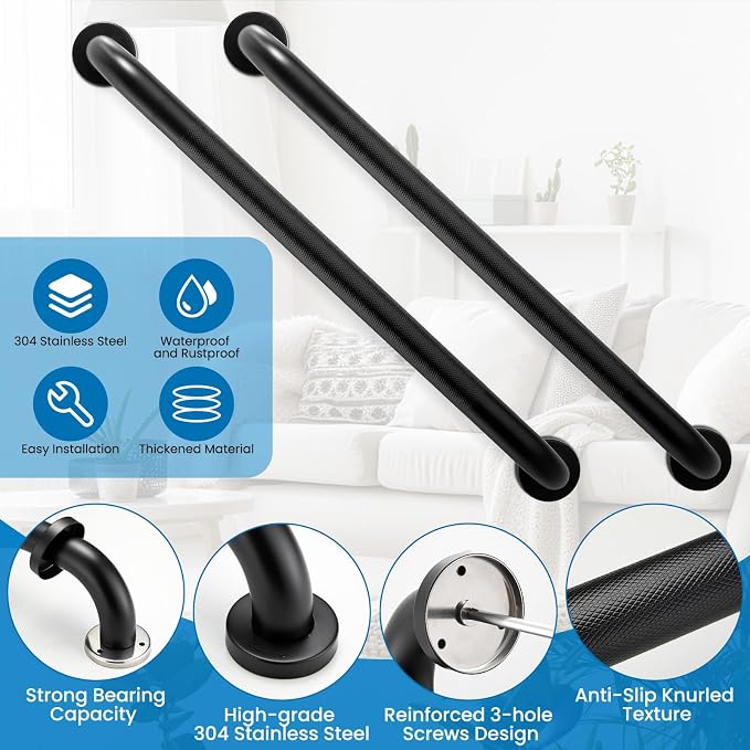 Grab Bars for Shower, Zynuhmo 2 Pack 24 Inch Anti Slip Bathroom Safety Grab Bar 1.25" Diameter Stainless Steel Shower Handrails for Handicap Injury Pregnant Senior Assist Shower Handles(Matte Black)