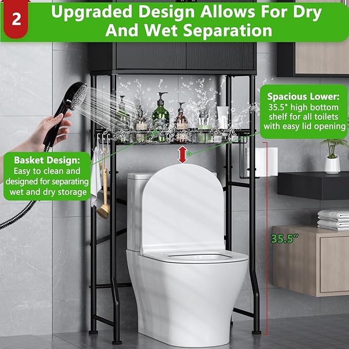 Over The Toilet Storage Cabinet - 2-Door Design Bathroom Organizers Shelf, Freestanding Space-Saver Above Toilet Storage Cabinet with Privacy Protection Rack, Water-Resistant Toilet Shelves (Black)
