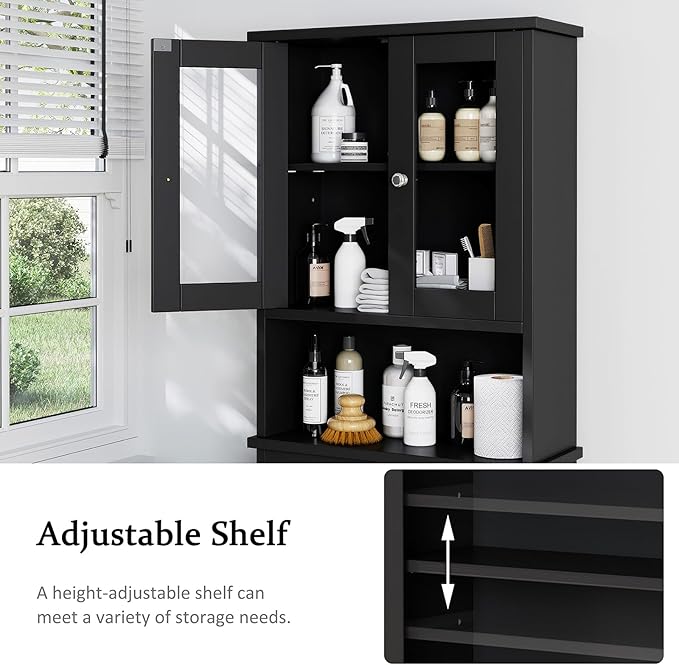 Over The Toilet Storage Cabinet for Bathroom, Black Storage Organizer Over Toilet, Space Saver with 2 Tempered Glass Doors, Black