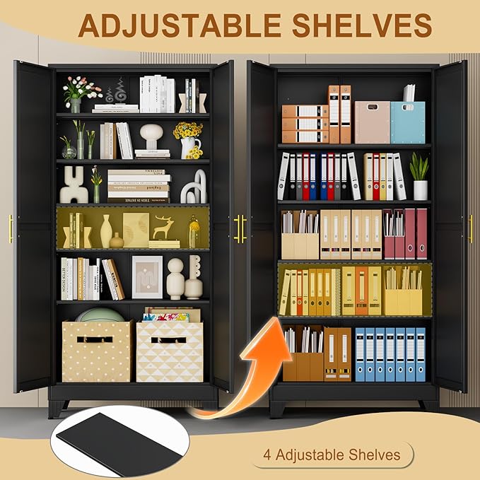 75" Black Tall Metal Garage Storage Cabinet with 2 Doors and 5 Adjustable Shelves,Kitchen Pantry Cabinet,File Cabinet,Steel Tool Cabinet for Home,Office,Garage,School,Warehouse