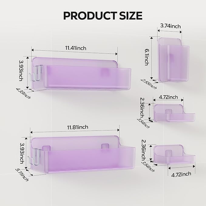 Nieifi Adhesive Wall Shelf, Shower Shelves, Shower Organizer for Bathroom Organization (Purple-Clear, 5 pieces)