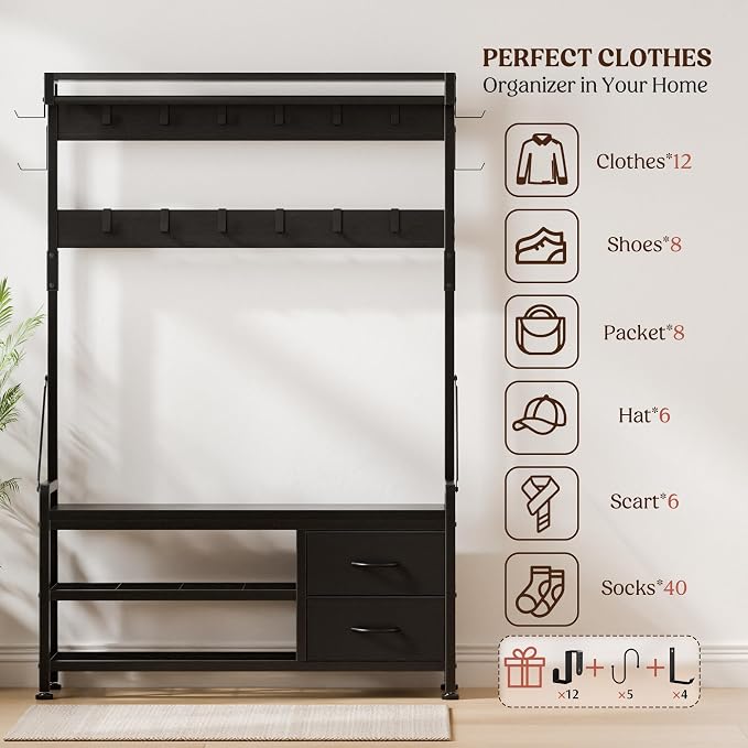 Lulive Hall Tree with Bench and Shoe Storage, 39.4” Entryway Bench with Coat Rack freestanding, 5 in 1 Entryway Furniture Organizer Large Coat and Shoe Rack with 21 Hooks and Drawers, Black