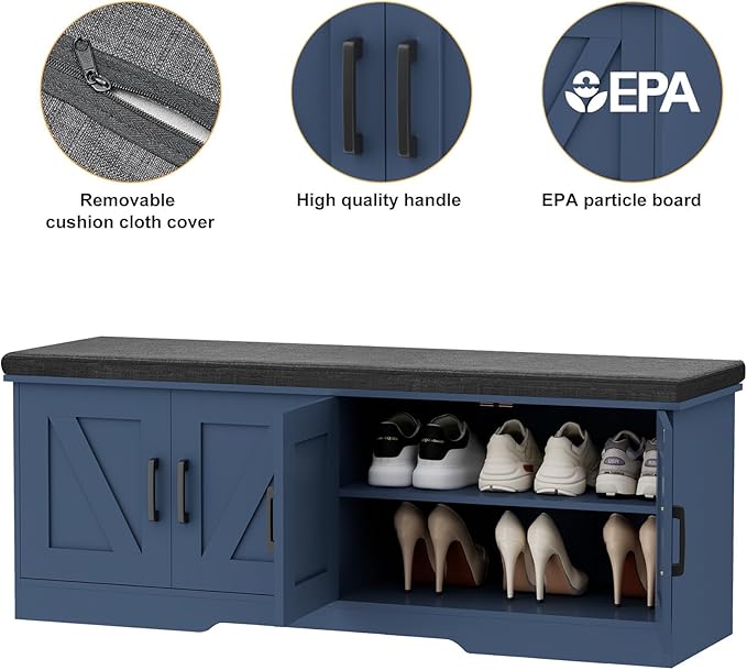 HOMSHO 2-Tier Storage Bench, 47.2" Wide Shoe Bench with Padded Seat Cushion, Entryway Bench with 4 Barn Doors and Adjustable Shelf, Blue