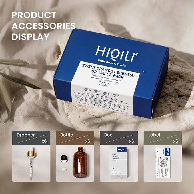 HIQILI Sweet Orange Essential Oil Set-1 fl oz (6 Pack), 100% Pure Natural, Bulk Wholesale for Business, Air Freshening & Space Cleaning, DIY & Skin Care, for Hotel, DIY Studio, Gift & Household Stock
