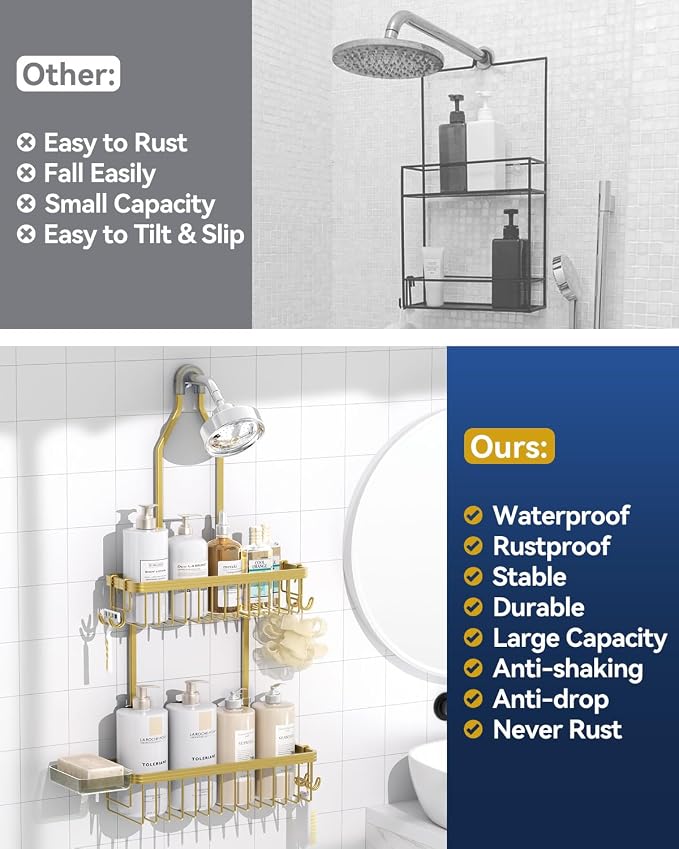 YASONIC Never Rust Shower Caddy Hanging, Aluminum Shower Racks for Inside Shower, 2-Tier Shower Organizer Hanging Over Shower Head with Hooks and Soap Holder, Gold