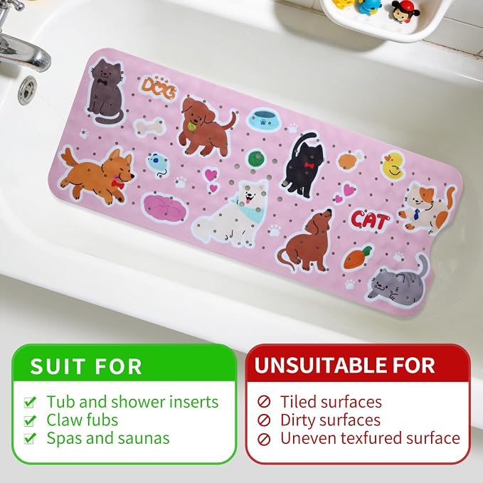Baby Bath Mat for Tub Non Slip Kids Bathtub Mat Extra Long 40X16 Inch Toddler Bath Tub Shower Mat Anti Slip with Suction Cups & Drain Holes, Machine Washable (Cat Dog)