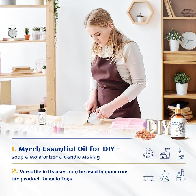 HIQILI 100ML Myrrh Essential Oil for Skin, Diffuser & Candle, 100% Pure and Natural - 3.38 Fl Oz