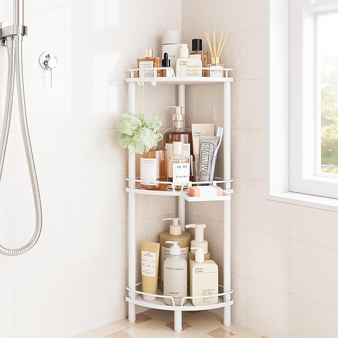 ELYKEN Corner Shower Caddy Standing, 3 Tier Rustproof Metal Shower Organizer with Soap Holder, Floor Shower Corner Shelf Rack Storage Stands with Adjustable Feet & 2 Hooks for Bathroom, White