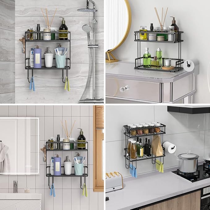 FLOLXNB Over The Toilet Storage Shelf, 2-Tier Bathroom Storage Organizer Upgrade Punch-Free Toliet Storage Shelf, Home Storage Rack with Hooks Shelf,Black