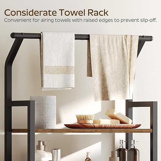YATINEY 2-Tier Over The Toilet Storage, Multifunctional Vertical Over Toilet Bathroom Organizer, Freestanding Bathroom Storage Shelves with Hooks, Bathroom Organizer, Rustic Brown and Black TR01BR