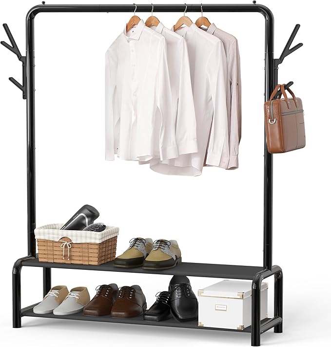 Simple Houseware 52-Inch Freestanding Closet Garment Rack with Storage Shelves and Coat/Hat Hooks, Black