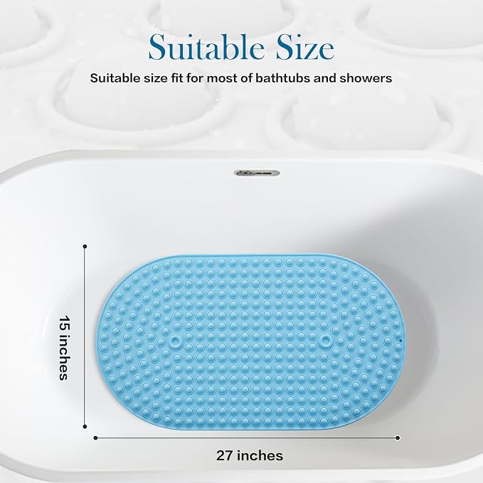 Blue Bath Mat for Tub Non Slip 27x15 - Cushioned Silicone Bubble Pop It Bathtub Mat for Soaking, Anti Skid Shower Mat with Suction Cups, Spa Relaxation, Ocean Color