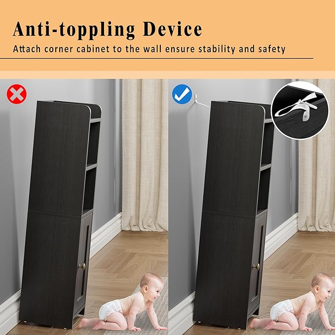 Lomojo Small Bathroom Storage Cabinet, Toilet CabinetFreestanding Bathroom Organizer for Small Spaces, Narrow Toilet Paper Corner Floor with Door and Shelves,Black