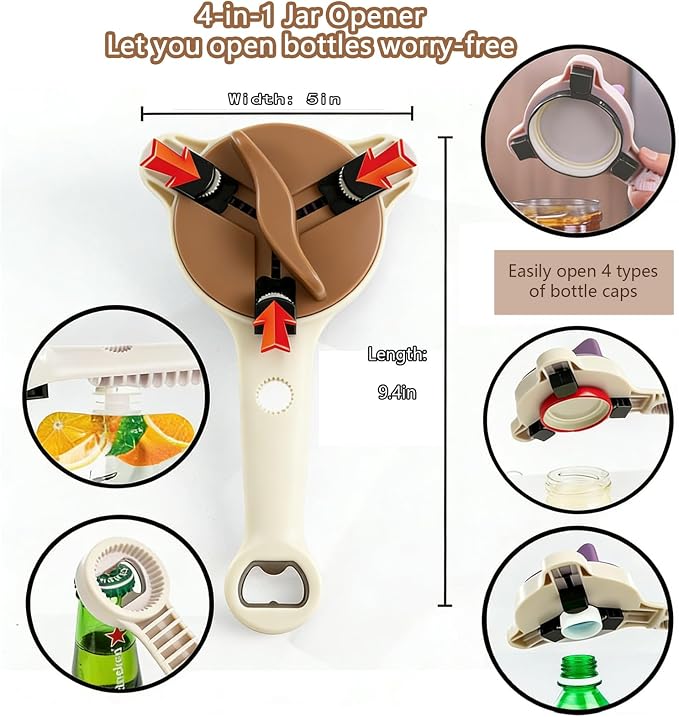 New Jar Opener for Seniors, 4-in-1 Can Openers for Weak Hands & Arthritis Sufferers with Non Slip Teeth, Ergonomic Non-Slip Handle, Fits 1-3.5 Inch Kitchen Mason Jars, Bottle & Cans