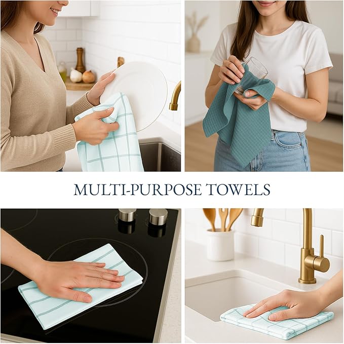 LANE LINEN Cotton Kitchen Towels and Dish Cloths Set, 6-Pack – Absorbent, Quick-Drying Dish Towel, 18" x 28", Soft, Premium Hand and Tea Towels - Aqua