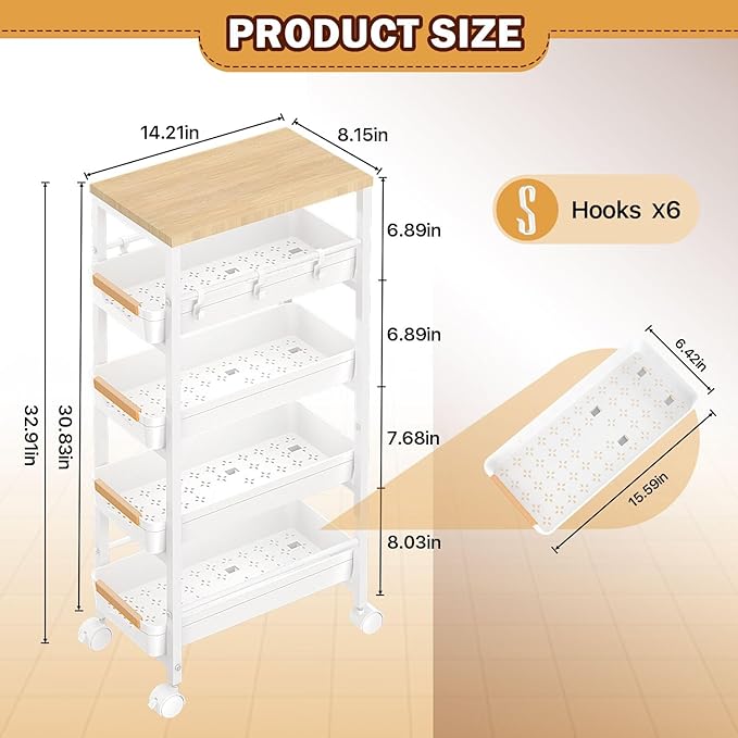 SUNALLY Slim Storage Cart with Pull-Out Baskets, 5-Tier Rolling Kitchen Cart with Wooden Top & Lockable Wheels, Narrow Space Utility Cart Organizer for Kitchen, Bathroom, Laundry Room, White
