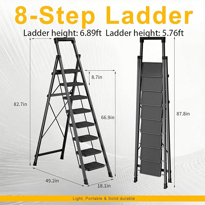 8 Step Ladder,Folding Step Stool with Tool Tray,Portable Sturdy Steel Ladder with Anti-Slip Pedal,Lightweight,Convenient Work Platform,Sturdy Carbon Steel Step Ladder for Adult,Garden,Garage
