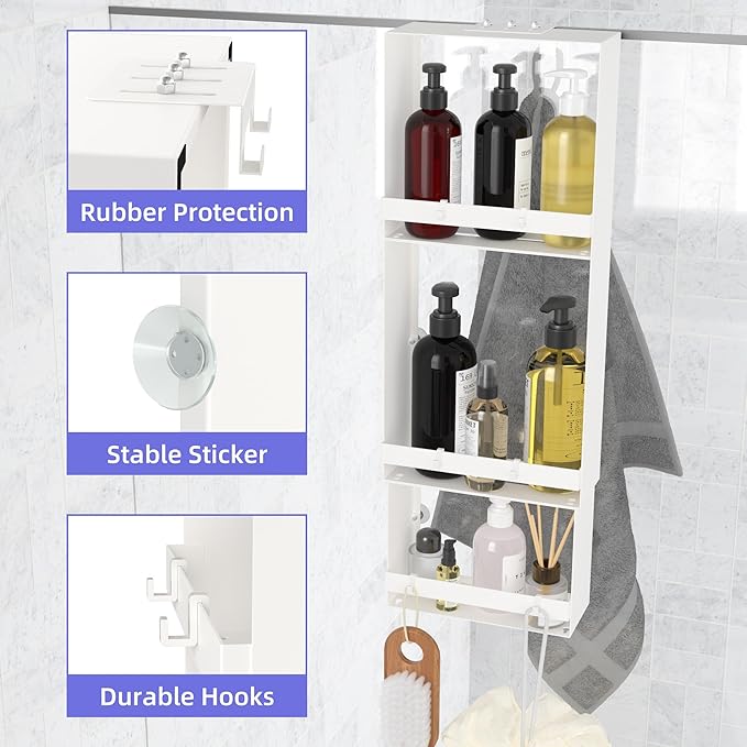 Over the Door Shower Caddy Hanging, 3 Tier Stainless Steel Hanging Shower Caddy with 8 Hooks & 4 Suction Cup, Bathroom Organizers and Storage Rack, Bathroom Decor Shelves Holds Shampoo, Towel - White